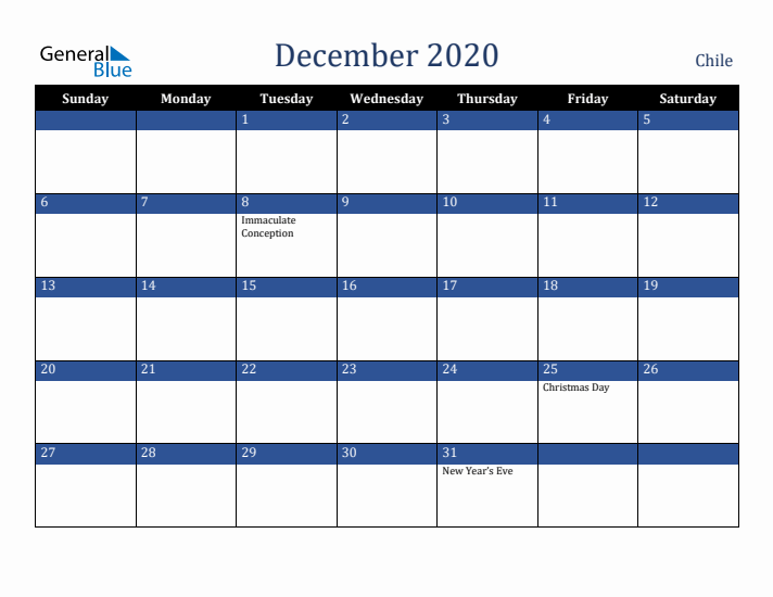 December 2020 Chile Calendar (Sunday Start)