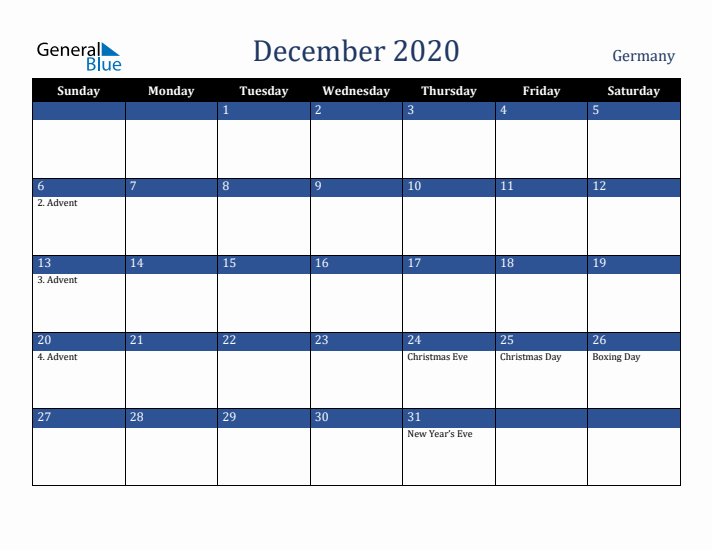 December 2020 Germany Calendar (Sunday Start)