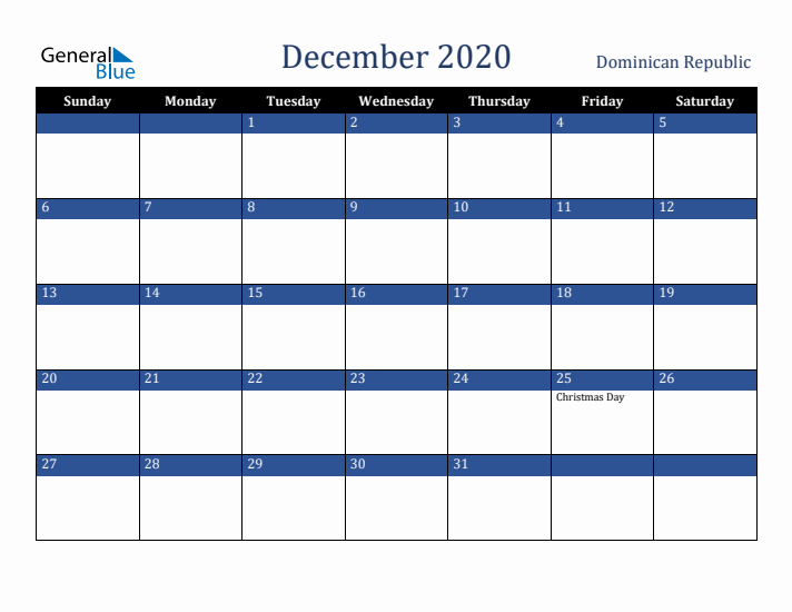 December 2020 Dominican Republic Calendar (Sunday Start)