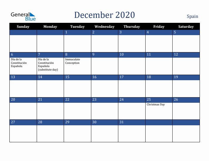 December 2020 Spain Calendar (Sunday Start)
