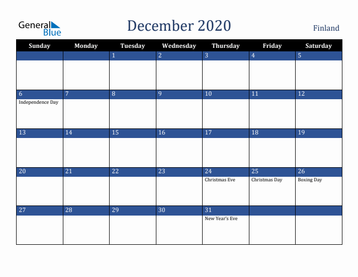 December 2020 Finland Calendar (Sunday Start)
