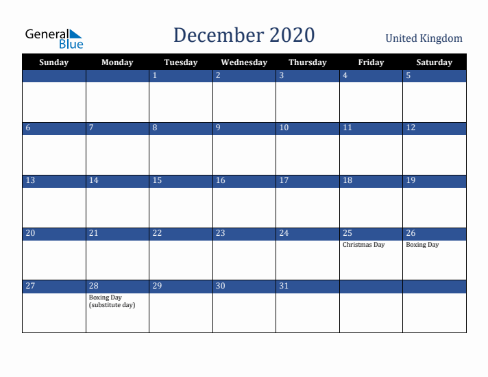 December 2020 United Kingdom Calendar (Sunday Start)