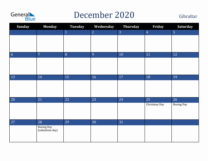 December 2020 Gibraltar Calendar (Sunday Start)