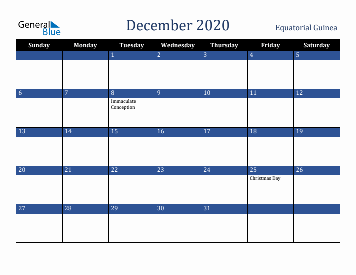 December 2020 Equatorial Guinea Calendar (Sunday Start)