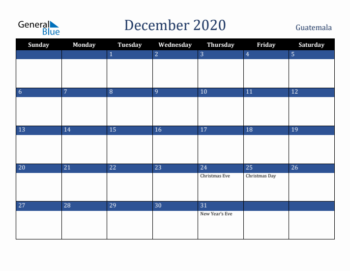 December 2020 Guatemala Calendar (Sunday Start)