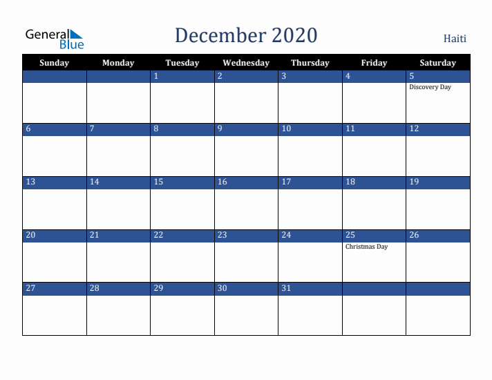 December 2020 Haiti Calendar (Sunday Start)