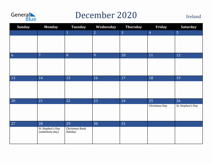 December 2020 Ireland Calendar (Sunday Start)