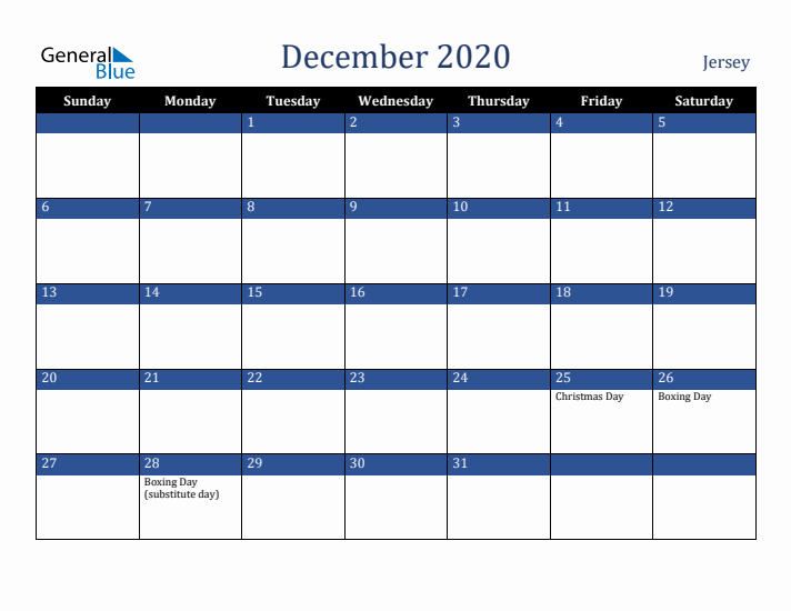 December 2020 Jersey Calendar (Sunday Start)