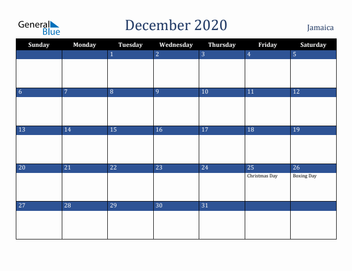 December 2020 Jamaica Calendar (Sunday Start)