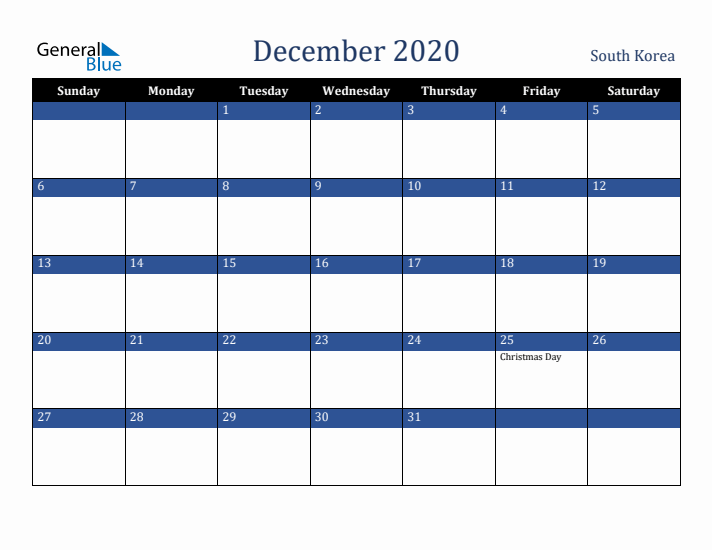 December 2020 South Korea Calendar (Sunday Start)