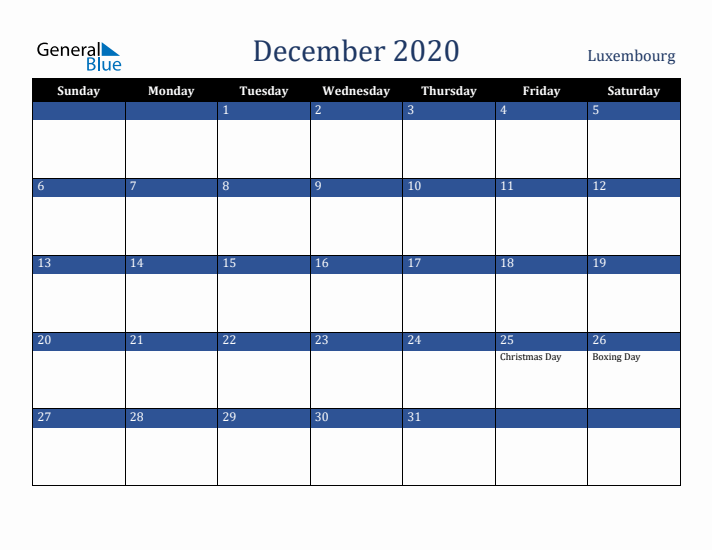 December 2020 Luxembourg Calendar (Sunday Start)
