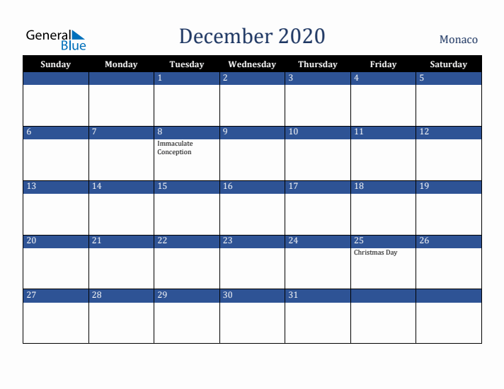 December 2020 Monaco Calendar (Sunday Start)