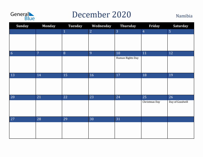 December 2020 Namibia Calendar (Sunday Start)