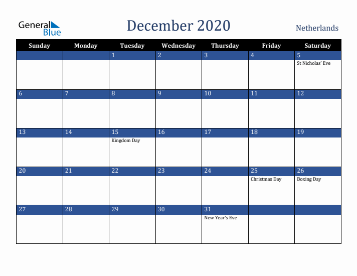 December 2020 The Netherlands Calendar (Sunday Start)