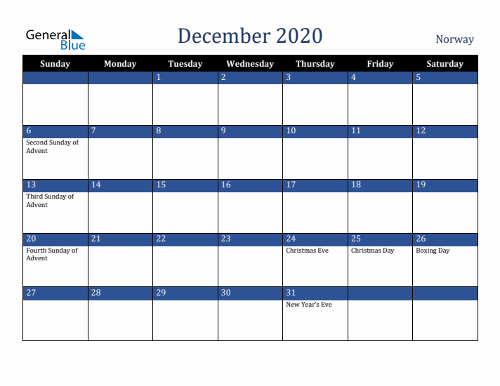 December 2020 Norway Calendar (Sunday Start)