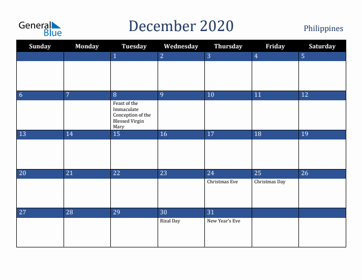December 2020 Philippines Calendar (Sunday Start)