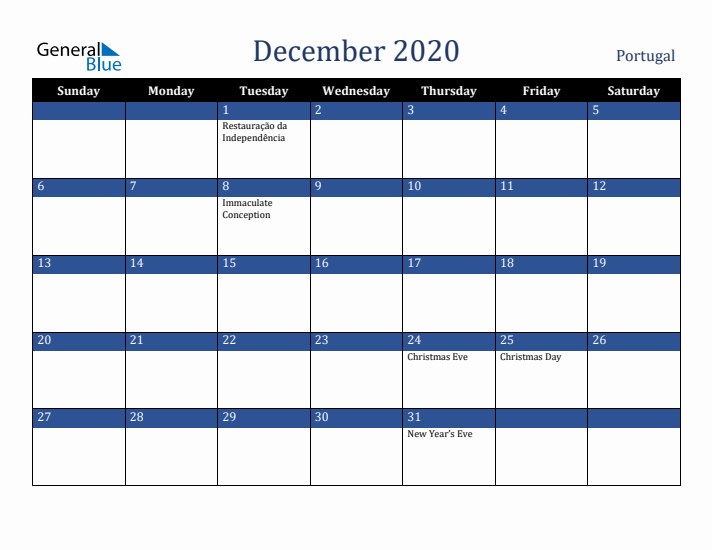 December 2020 Portugal Calendar (Sunday Start)