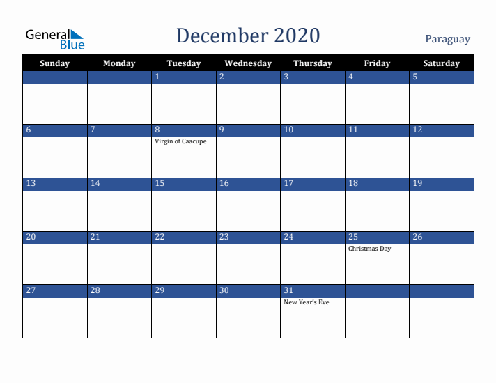 December 2020 Paraguay Calendar (Sunday Start)