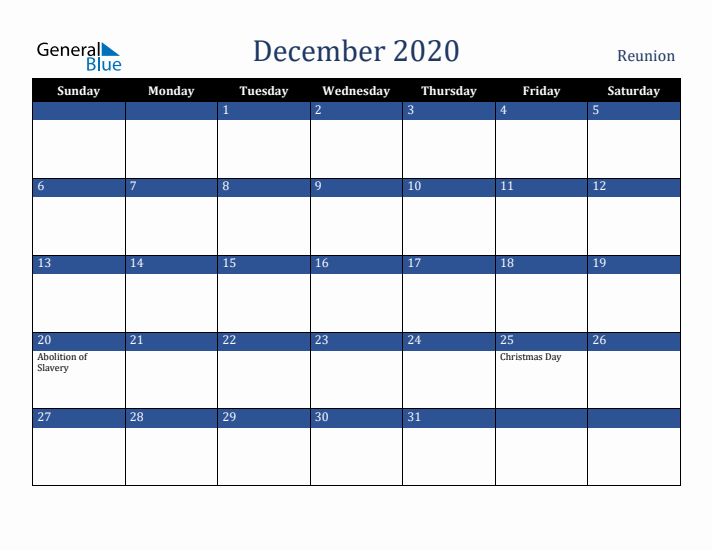 December 2020 Reunion Calendar (Sunday Start)