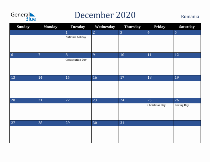 December 2020 Romania Calendar (Sunday Start)