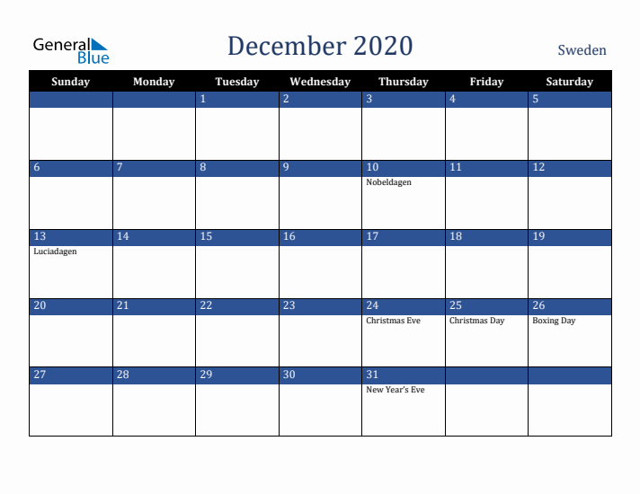 December 2020 Sweden Calendar (Sunday Start)