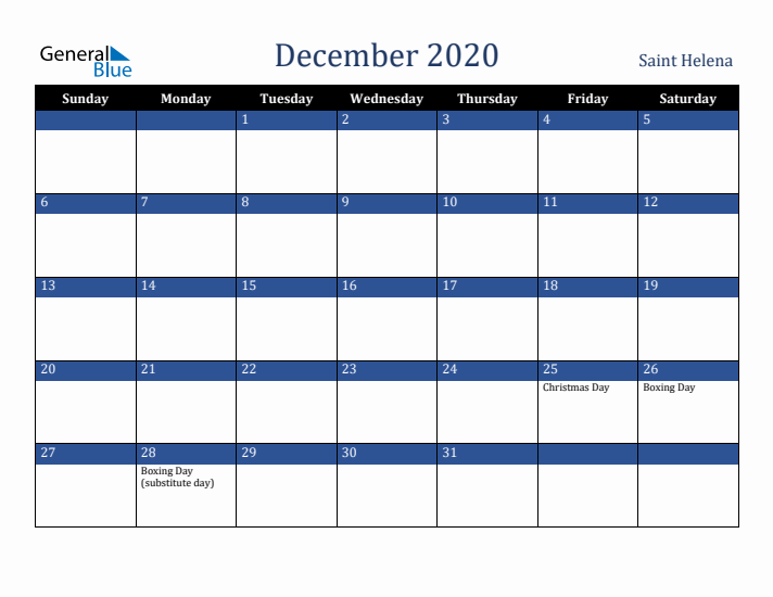 December 2020 Saint Helena Calendar (Sunday Start)
