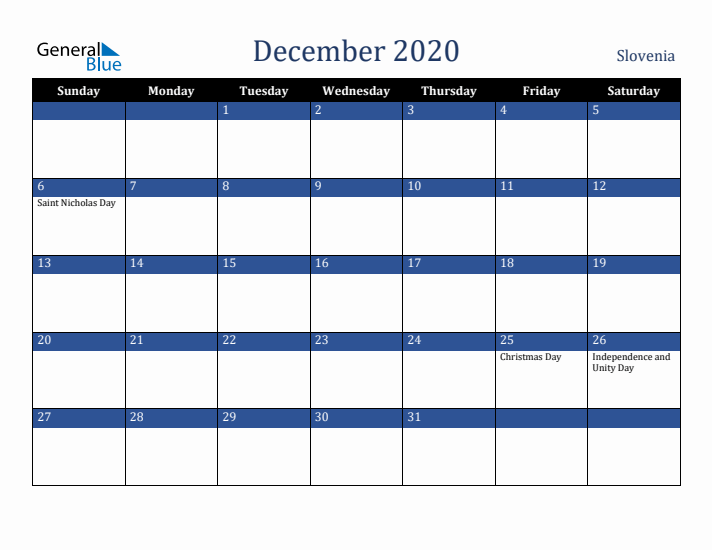 December 2020 Slovenia Calendar (Sunday Start)