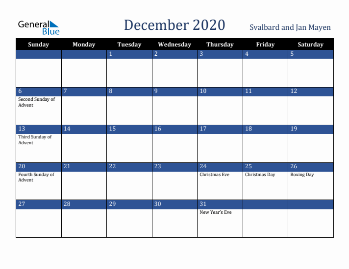 December 2020 Svalbard and Jan Mayen Calendar (Sunday Start)