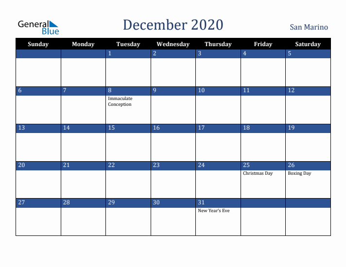 December 2020 San Marino Calendar (Sunday Start)