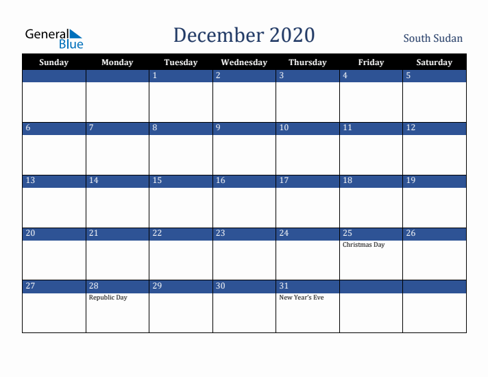December 2020 South Sudan Calendar (Sunday Start)