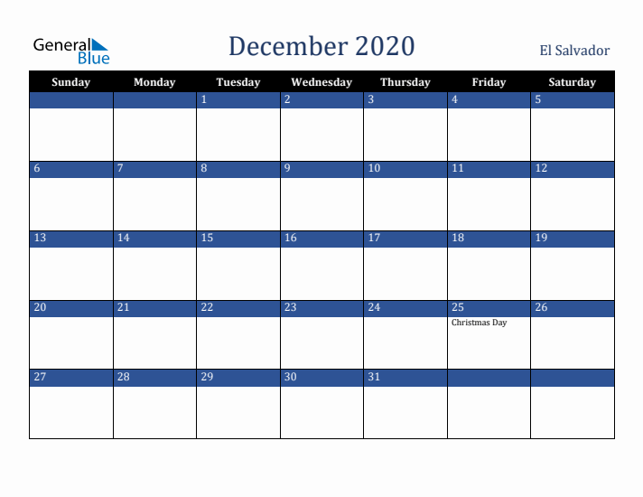 December 2020 El Salvador Calendar (Sunday Start)