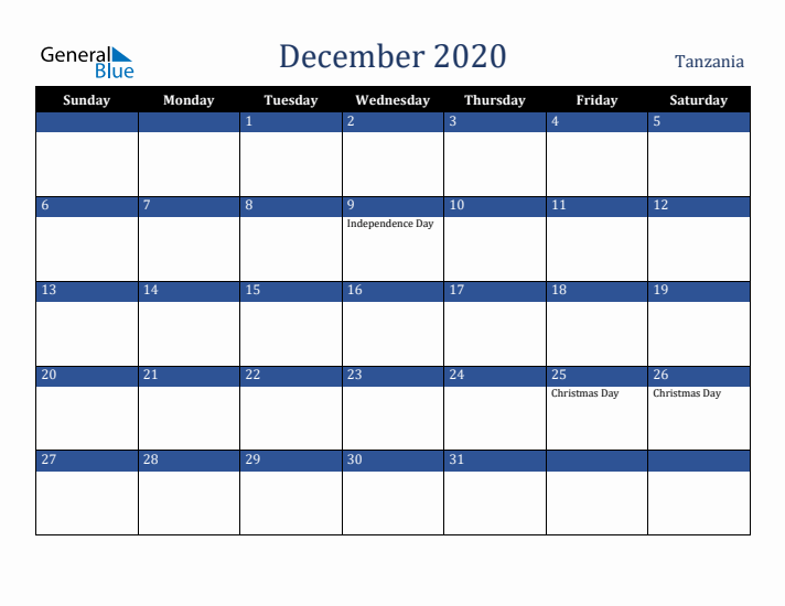 December 2020 Tanzania Calendar (Sunday Start)