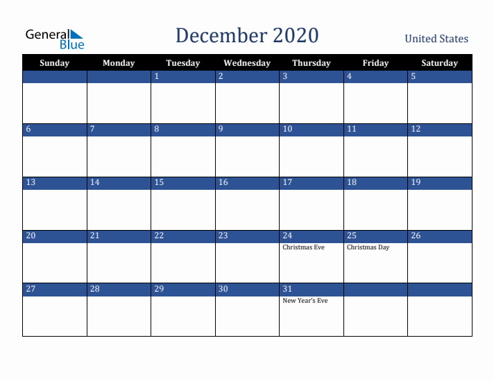December 2020 United States Calendar (Sunday Start)