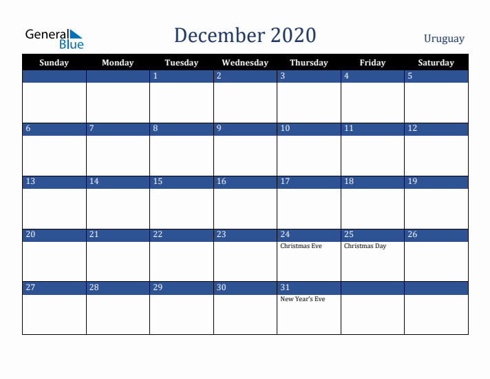 December 2020 Uruguay Calendar (Sunday Start)
