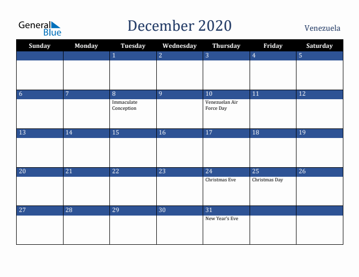 December 2020 Venezuela Calendar (Sunday Start)