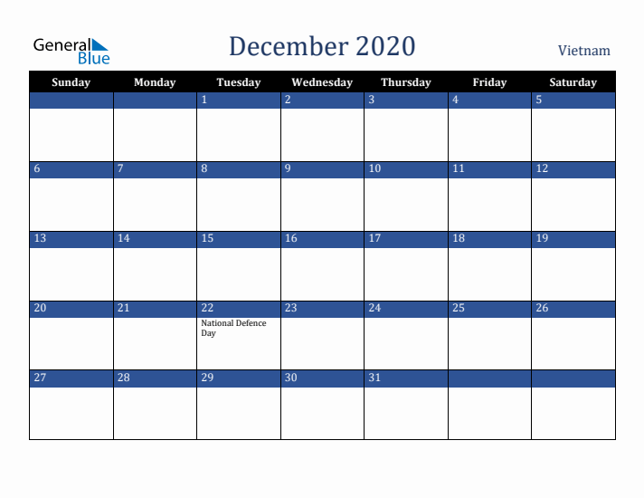 December 2020 Vietnam Calendar (Sunday Start)