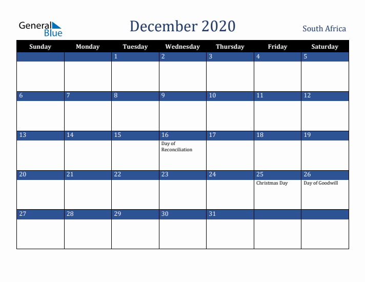 December 2020 South Africa Calendar (Sunday Start)
