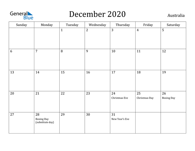 Australia December 2020 Calendar With Holidays