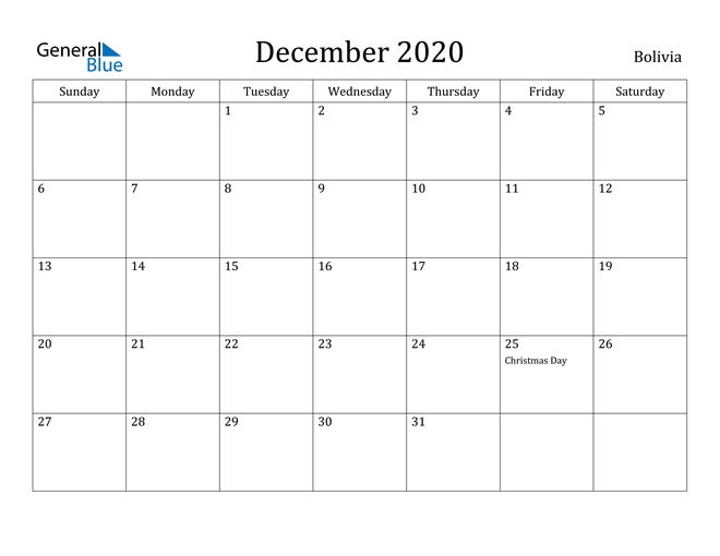 bolivia december 2020 calendar with holidays