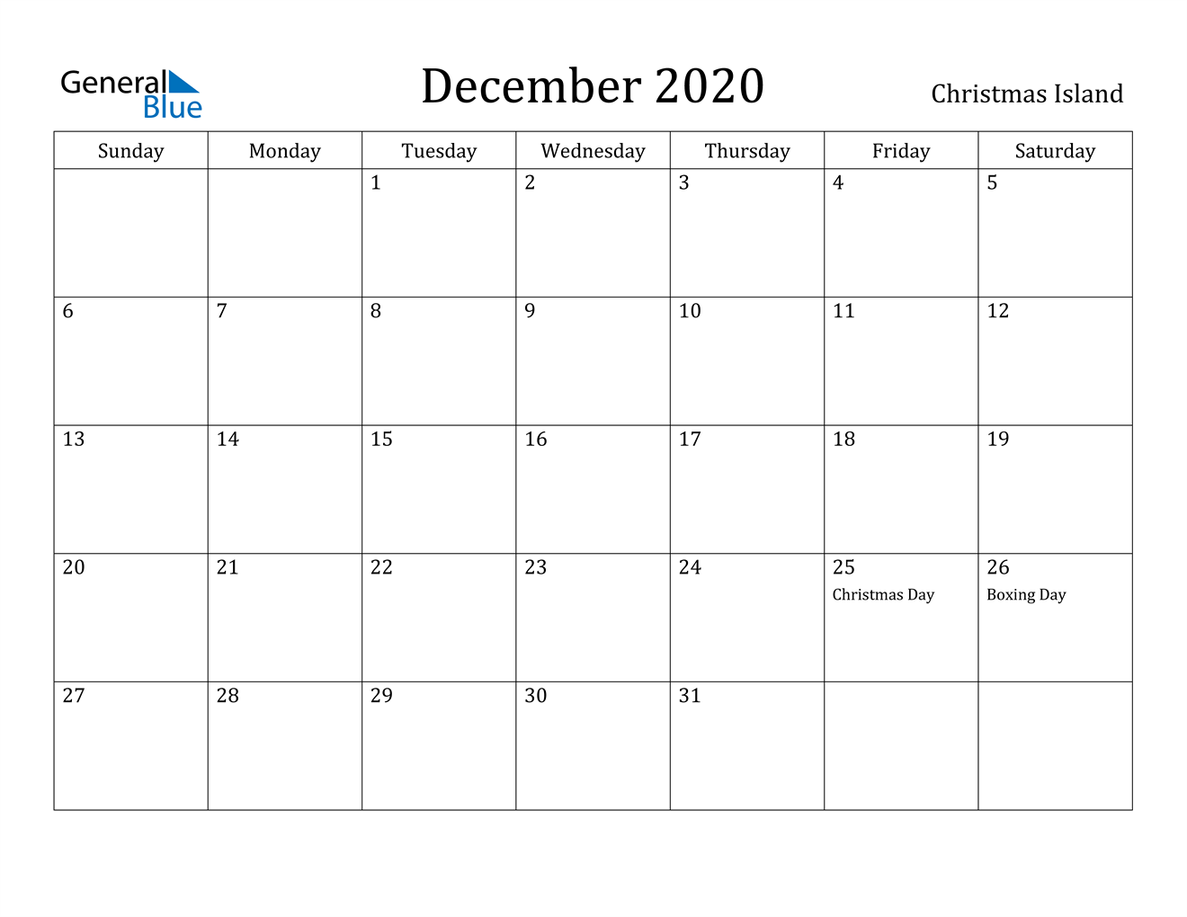 December 2020 Calendar - Christmas Island