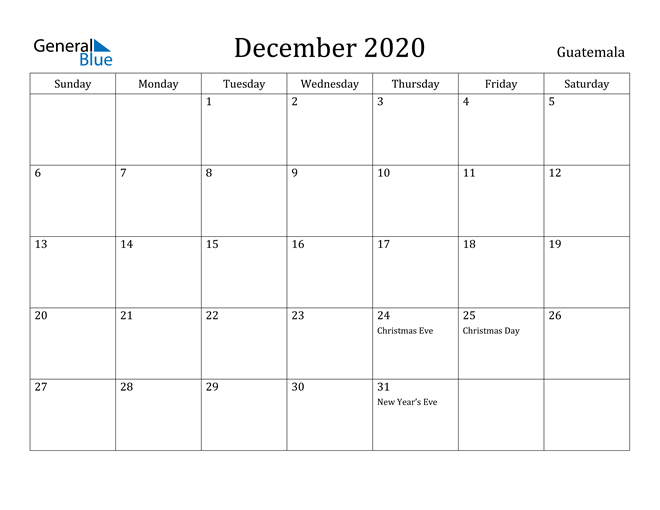 December 2020 Calendar Guatemala