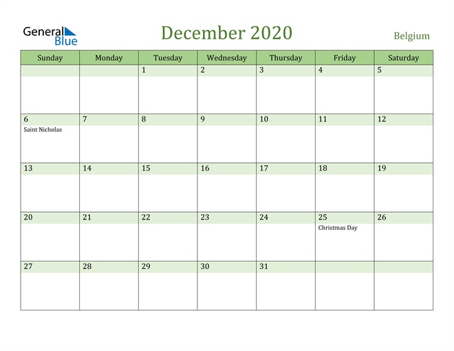 December 2020 Calendar with Belgium Holidays