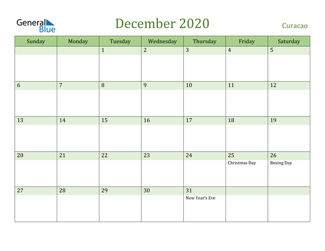 December 2020 Calendar with Curacao Holidays
