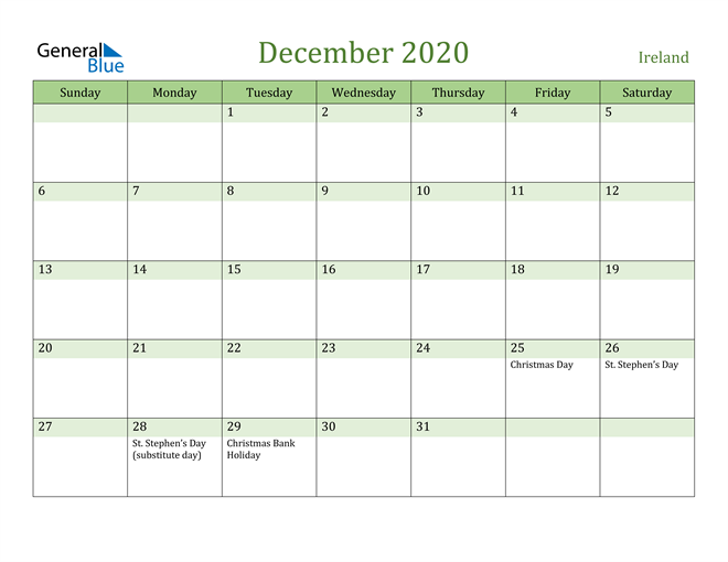 Ireland December 2020 Calendar With Holidays