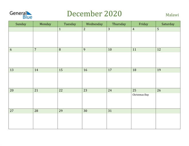 December 2020 Calendar with Malawi Holidays