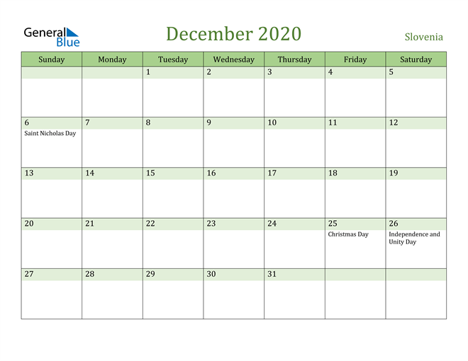 December 2020 Calendar with Slovenia Holidays