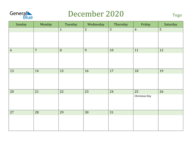 December 2020 Calendar with Togo Holidays