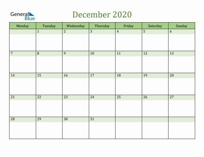 December 2020 Calendar with Monday Start