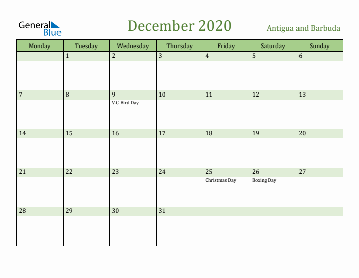 December 2020 Calendar with Antigua and Barbuda Holidays