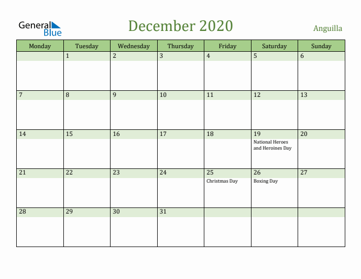 December 2020 Calendar with Anguilla Holidays